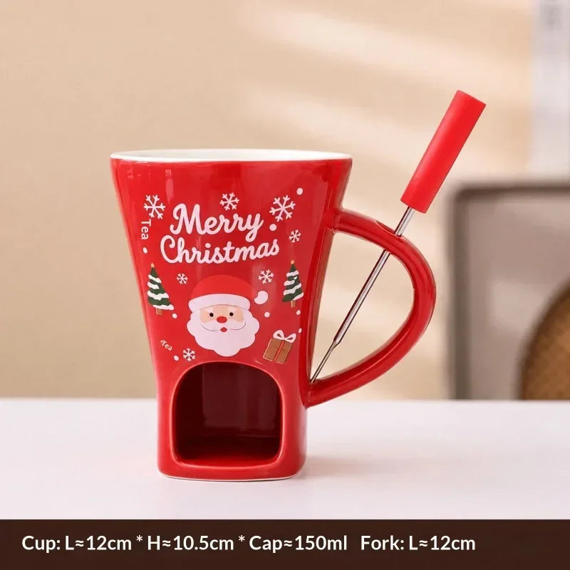 Festive Pattern Ceramic Chocolate Fondue Mug with Dipping Fork Individual Melting Cup for Indoor Dessert Party Holiday Gift