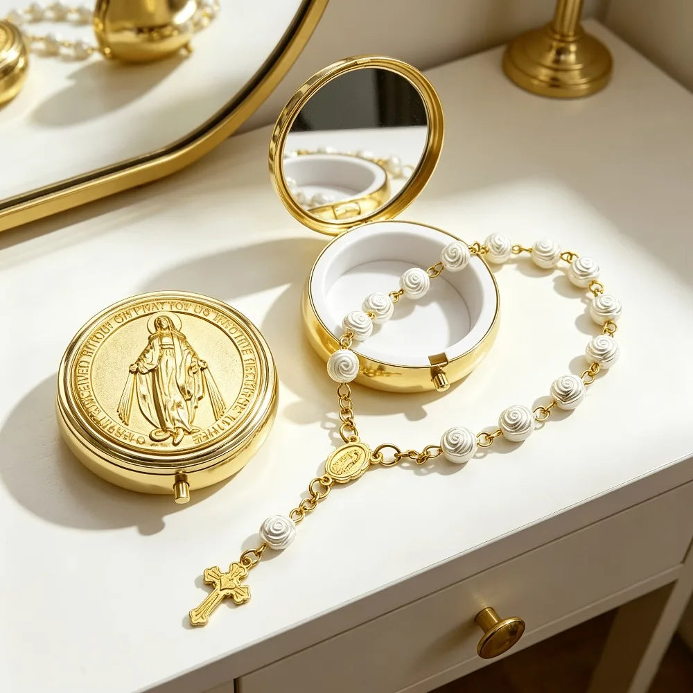 1‑5 Sets Golden Virgin Mary Rosary Box & Rose Bead Rosary Bracelet Catholic Religious Keepsake Church Communion Favor Gift