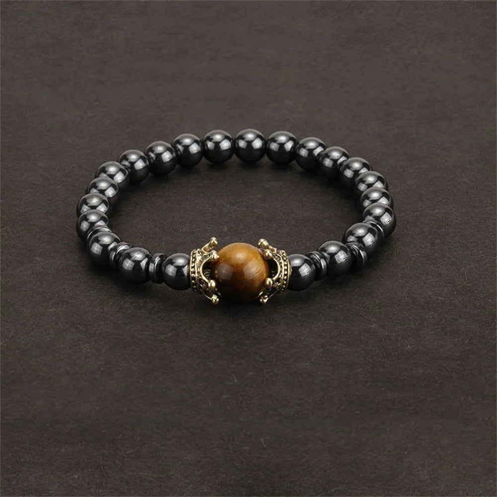 Trendy Personality Nature Stone Bracelets For Men Vintage Crown Symbolic Power Hematite Ore Beaded Bracelets Gifts For Friend
