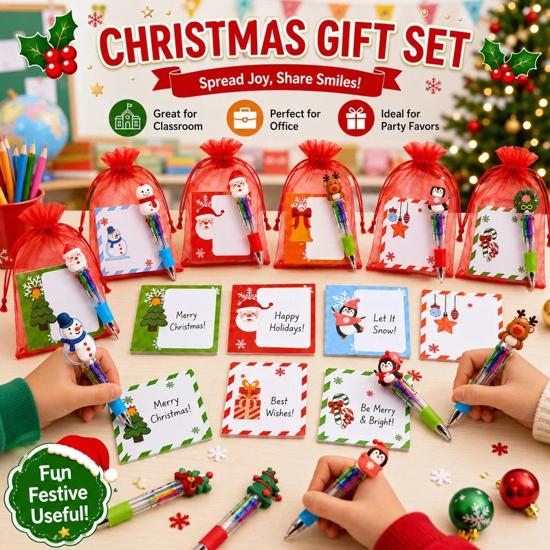 8 Set Christmas Stationery Gift Include Notepad Ballpoint Pen Red Gauze Pouch Exchange Gift For Holiday Party Classroom Rewards