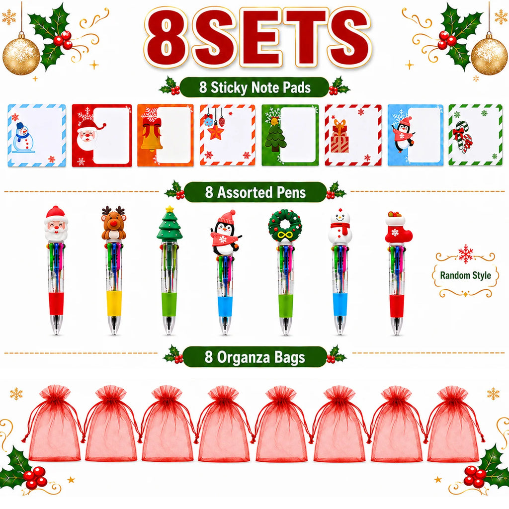 8 Set Christmas Stationery Gift Include Notepad Ballpoint Pen Red Gauze Pouch Exchange Gift For Holiday Party Classroom Rewards