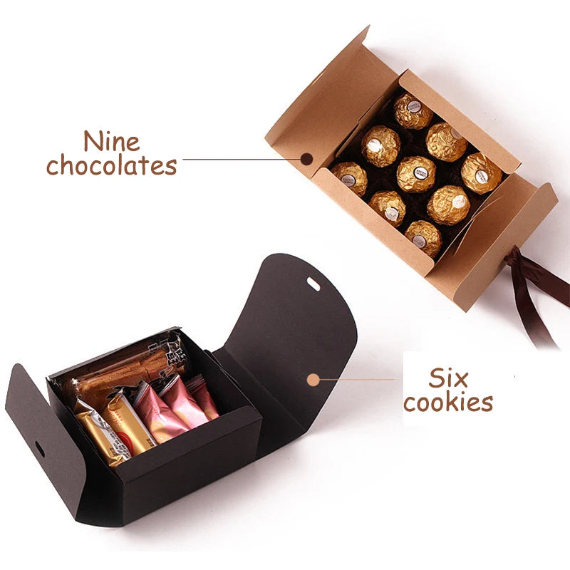 10PCS Christmas Gift Boxes Paper Box With Ribbon Wedding Birthday Party Favor Candy Chocolate Cookie Biscuit Treat Packaging Set