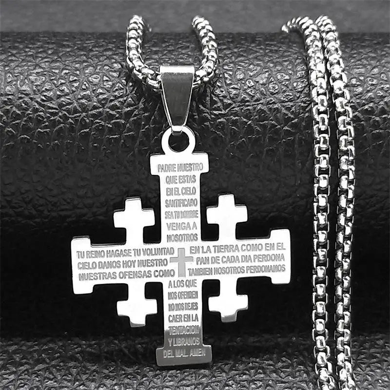 Christian Jerusalem Cross Pendant Necklace For Men Stainless Steel Bible Verse Lord's Prayer Chain Religious Jewelry Collar