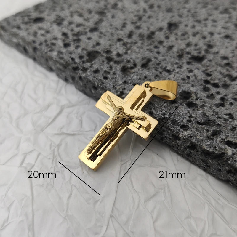 New Design 18K Gold Plated Waterproof Stainless Steel Jesus Cross Pendant For Men Religious Charms