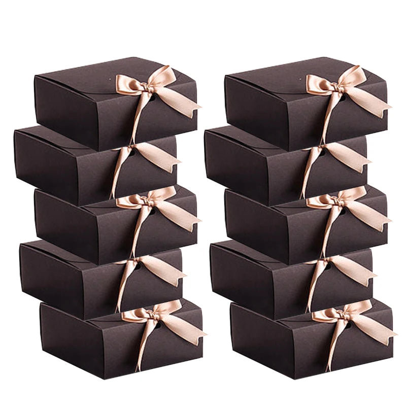 10PCS Christmas Gift Boxes Paper Box With Ribbon Wedding Birthday Party Favor Candy Chocolate Cookie Biscuit Treat Packaging Set