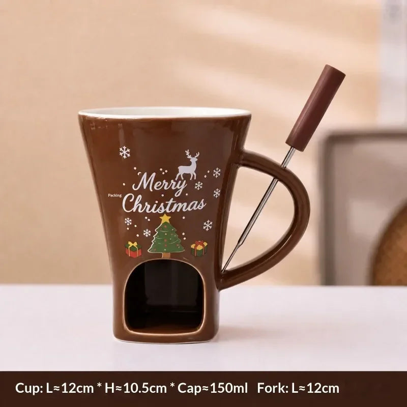 Festive Pattern Ceramic Chocolate Fondue Mug with Dipping Fork Individual Melting Cup for Indoor Dessert Party Holiday Gift