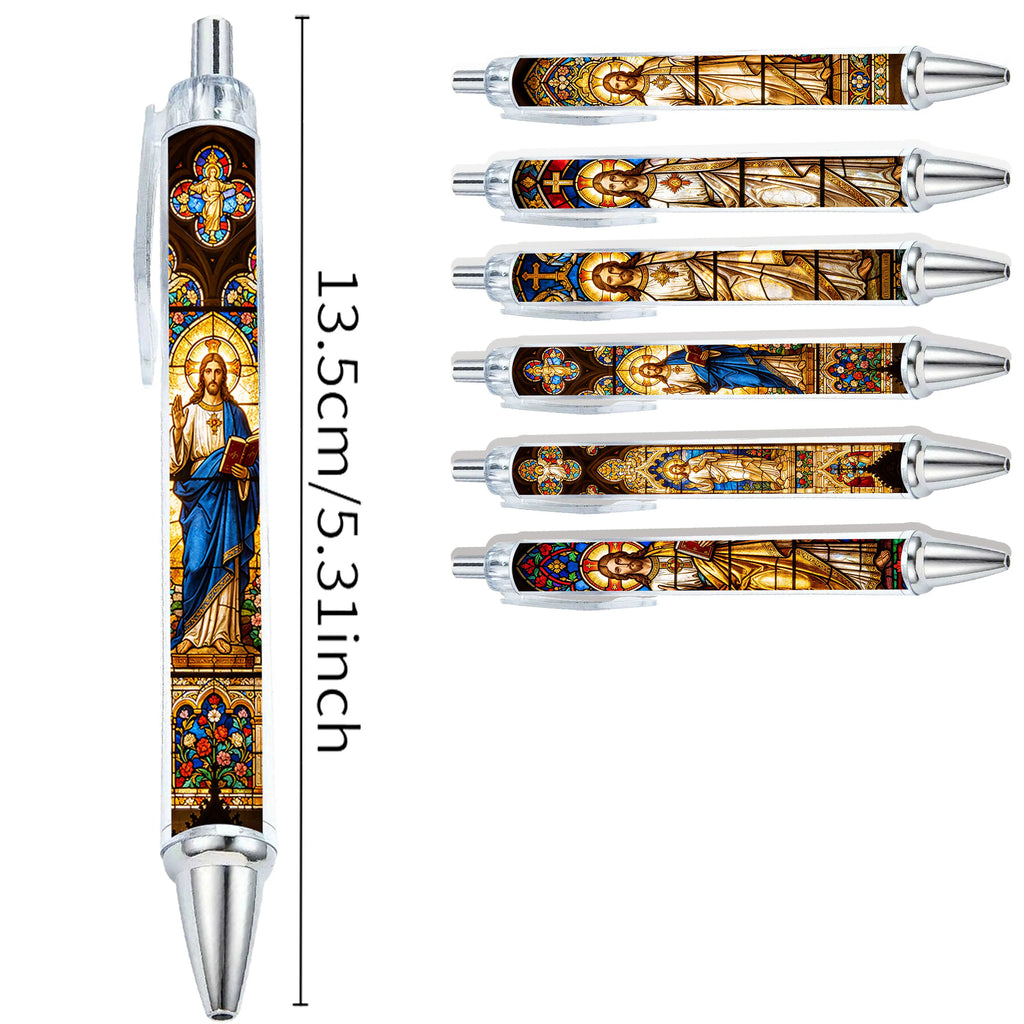 6PCS Christian round Pen with Jesus Image Church Window Design Religious Ballpoint Pen Easter Gift Office Stationery