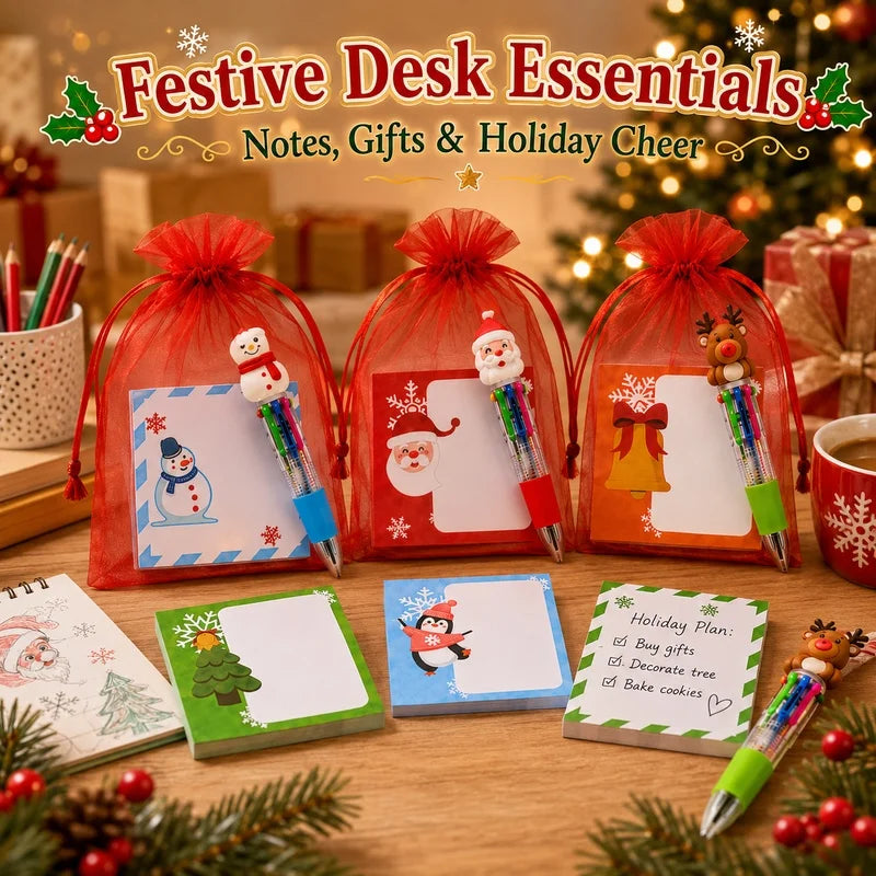 8 Set Christmas Stationery Gift Include Notepad Ballpoint Pen Red Gauze Pouch Exchange Gift For Holiday Party Classroom Rewards