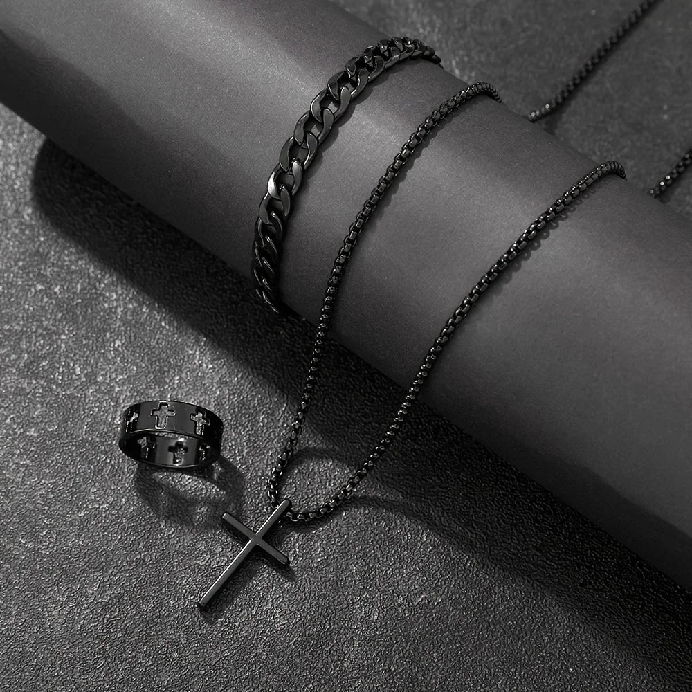 Cross Jewelry Set – Bracelet, Necklace & Ring in Gold, Silver & Black