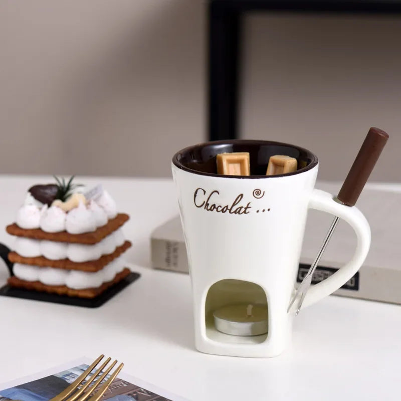 Festive Pattern Ceramic Chocolate Fondue Mug with Dipping Fork Individual Melting Cup for Indoor Dessert Party Holiday Gift