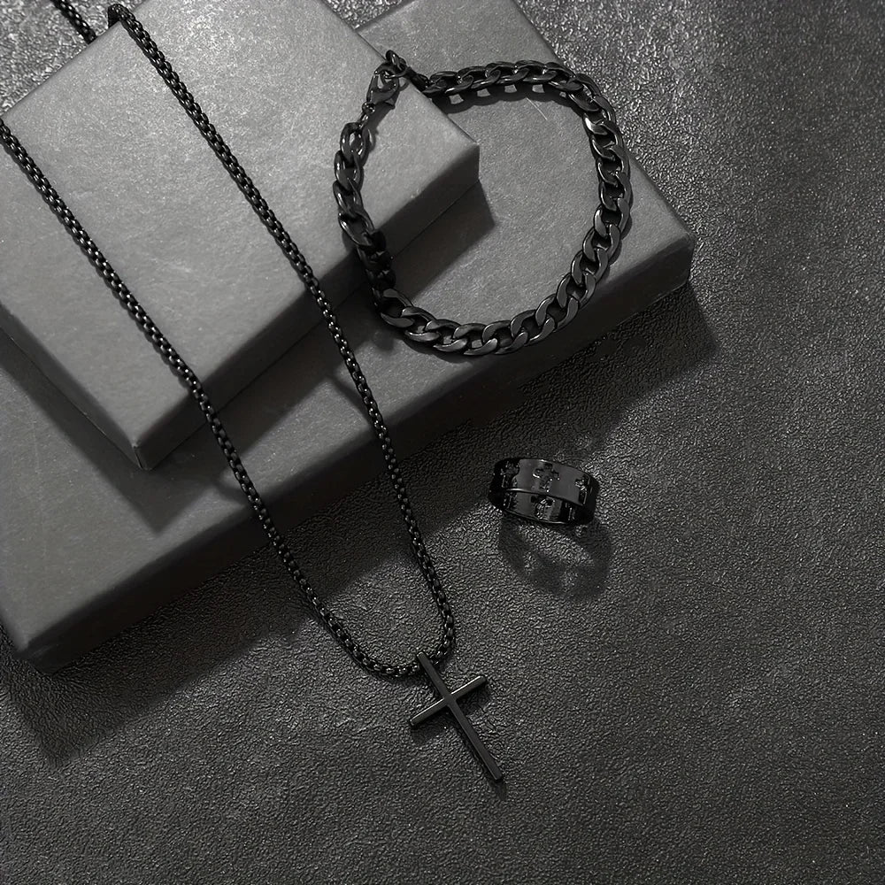 Cross Jewelry Set – Bracelet, Necklace & Ring in Gold, Silver & Black