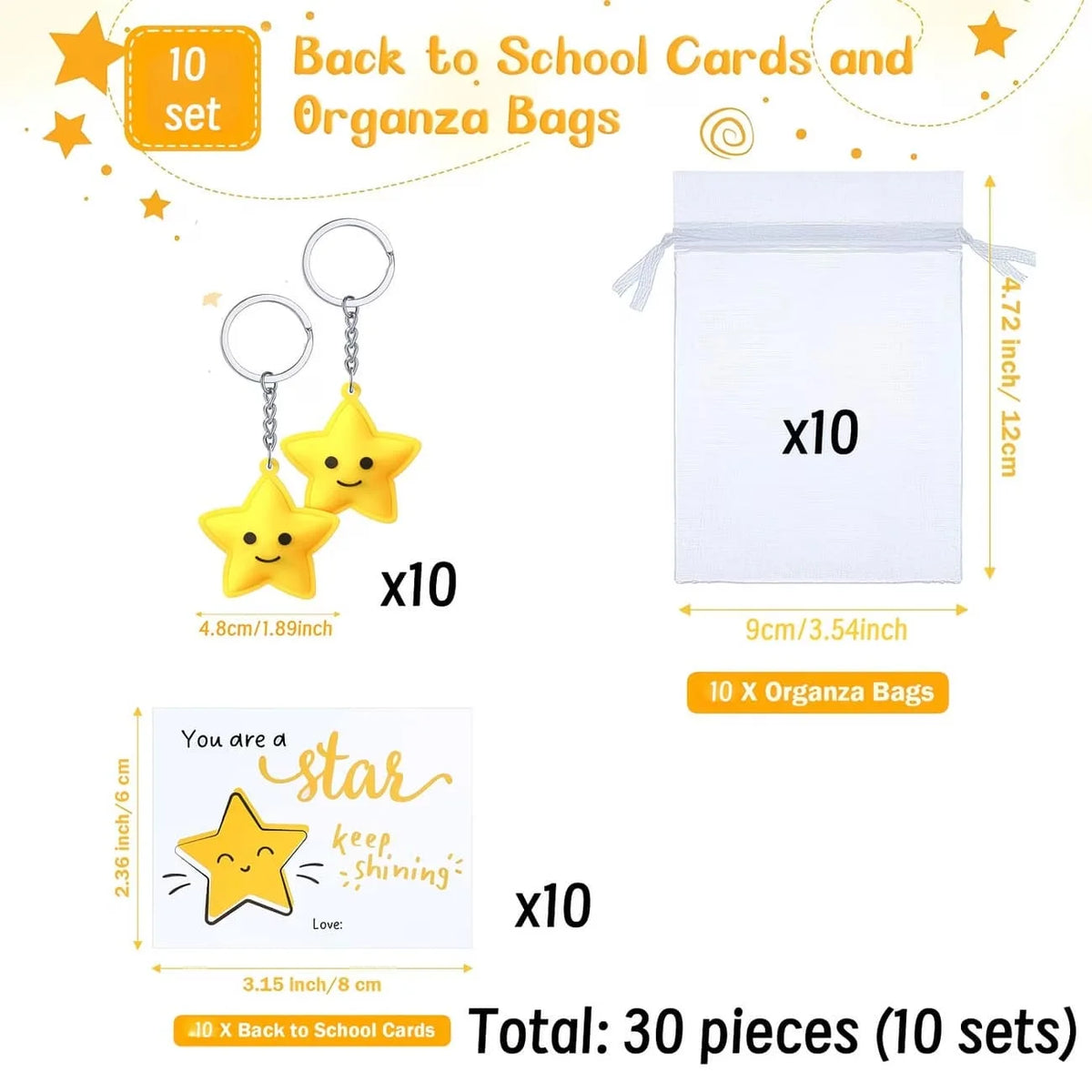 30-Piece Set: Cute Star Keychains, with inspiring Star Cards and Transparent Organza Bags — Thank You Gifts, Rewards, and Party