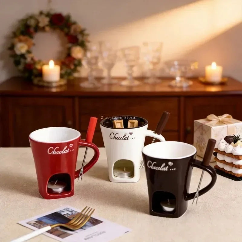 Festive Pattern Ceramic Chocolate Fondue Mug with Dipping Fork Individual Melting Cup for Indoor Dessert Party Holiday Gift
