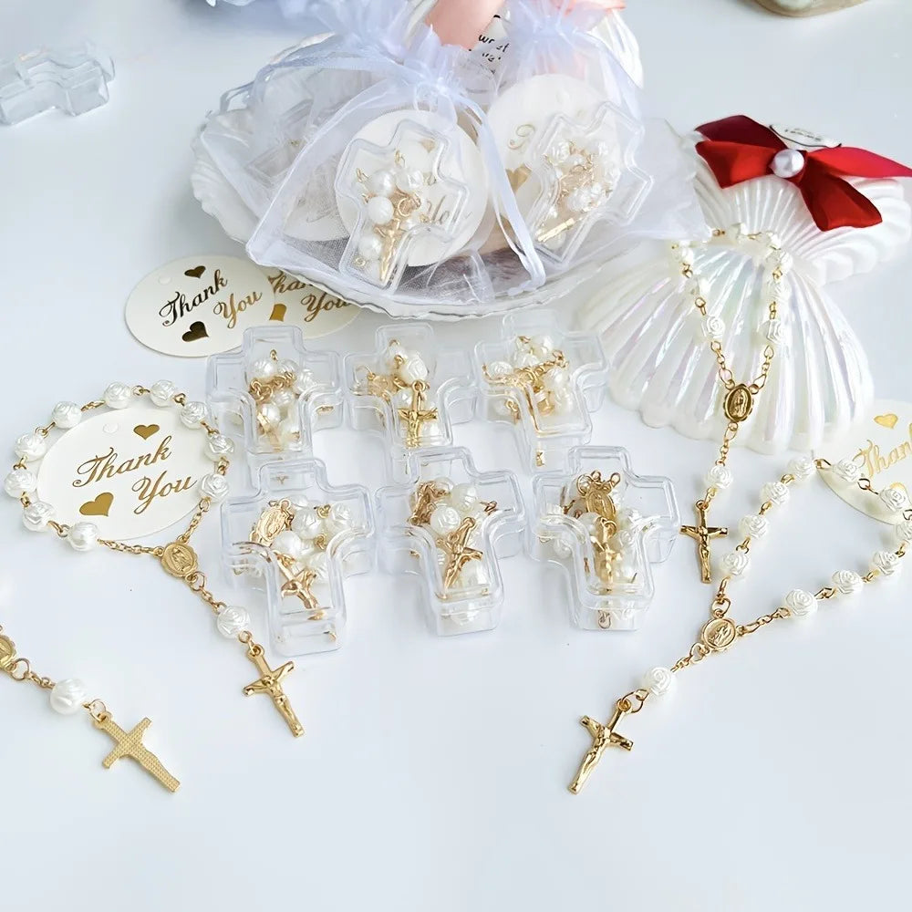 6‑24 Sets Rose Bead Mini Rosary Gift Set Cross Box Card Organza Bag Baptism Communion Christmas Party Favor Religious Bulk Gift