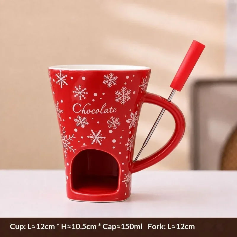 Festive Pattern Ceramic Chocolate Fondue Mug with Dipping Fork Individual Melting Cup for Indoor Dessert Party Holiday Gift