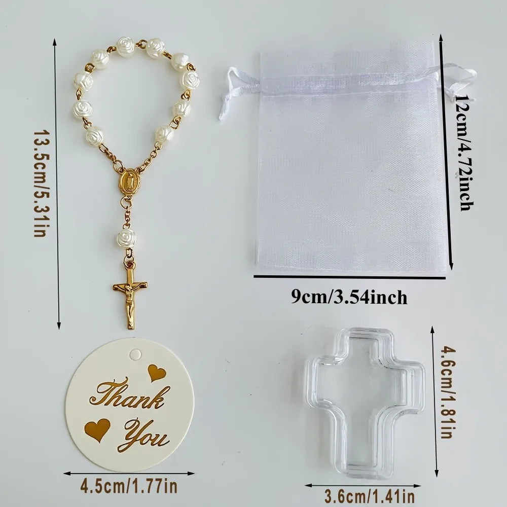6‑24 Sets Rose Bead Mini Rosary Gift Set Cross Box Card Organza Bag Baptism Communion Christmas Party Favor Religious Bulk Gift