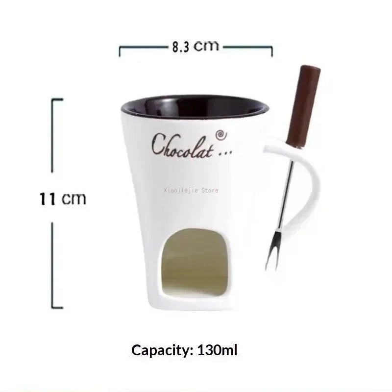 Festive Pattern Ceramic Chocolate Fondue Mug with Dipping Fork Individual Melting Cup for Indoor Dessert Party Holiday Gift