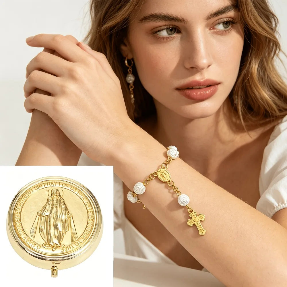 1‑5 Sets Golden Virgin Mary Rosary Box & Rose Bead Rosary Bracelet Catholic Religious Keepsake Church Communion Favor Gift
