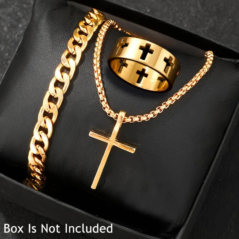 Cross Jewelry Set – Bracelet, Necklace & Ring in Gold, Silver & Black