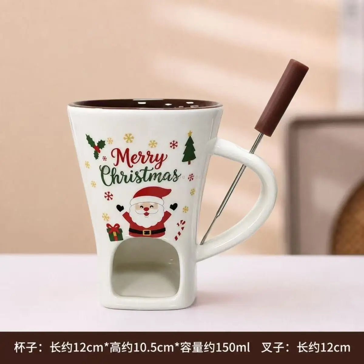 Festive Pattern Ceramic Chocolate Fondue Mug with Dipping Fork Individual Melting Cup for Indoor Dessert Party Holiday Gift