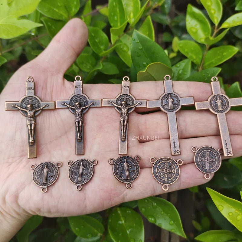 5 Sets Antique Bronze Crucifix and Centerpiece DIY Religious Catholic Jesus Rosary Necklace San Benito Rosaries Cross Pendant