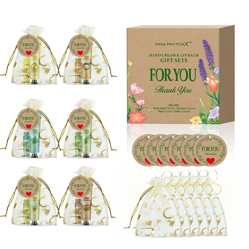 6 Sets/Box Wedding Companion Gift Set, Hand Cream Set Lip Balm Set, Love Thank You Card and Love Gauze Bag, Party Gift Distribut
