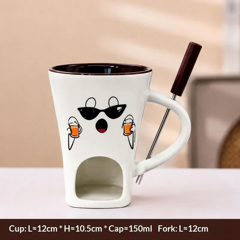 Festive Pattern Ceramic Chocolate Fondue Mug with Dipping Fork Individual Melting Cup for Indoor Dessert Party Holiday Gift